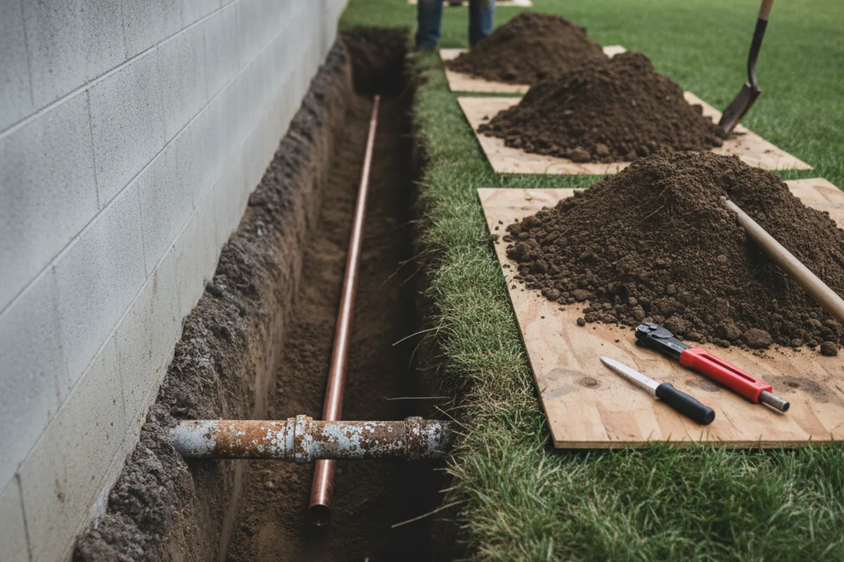 Excavated water line trench during Water Softener Installation in Bokchito